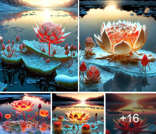 Radiant Beauty: Lotus Flowers on Ice at Sunset