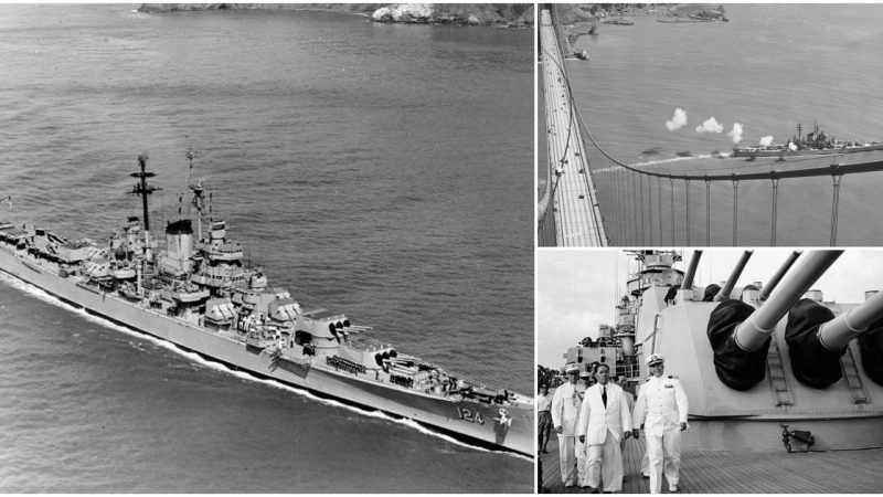 USS Rochester (CA 124) Fires Gun Salute While Entering San Francisco Bay, Viewed from Golden Gate Bridge